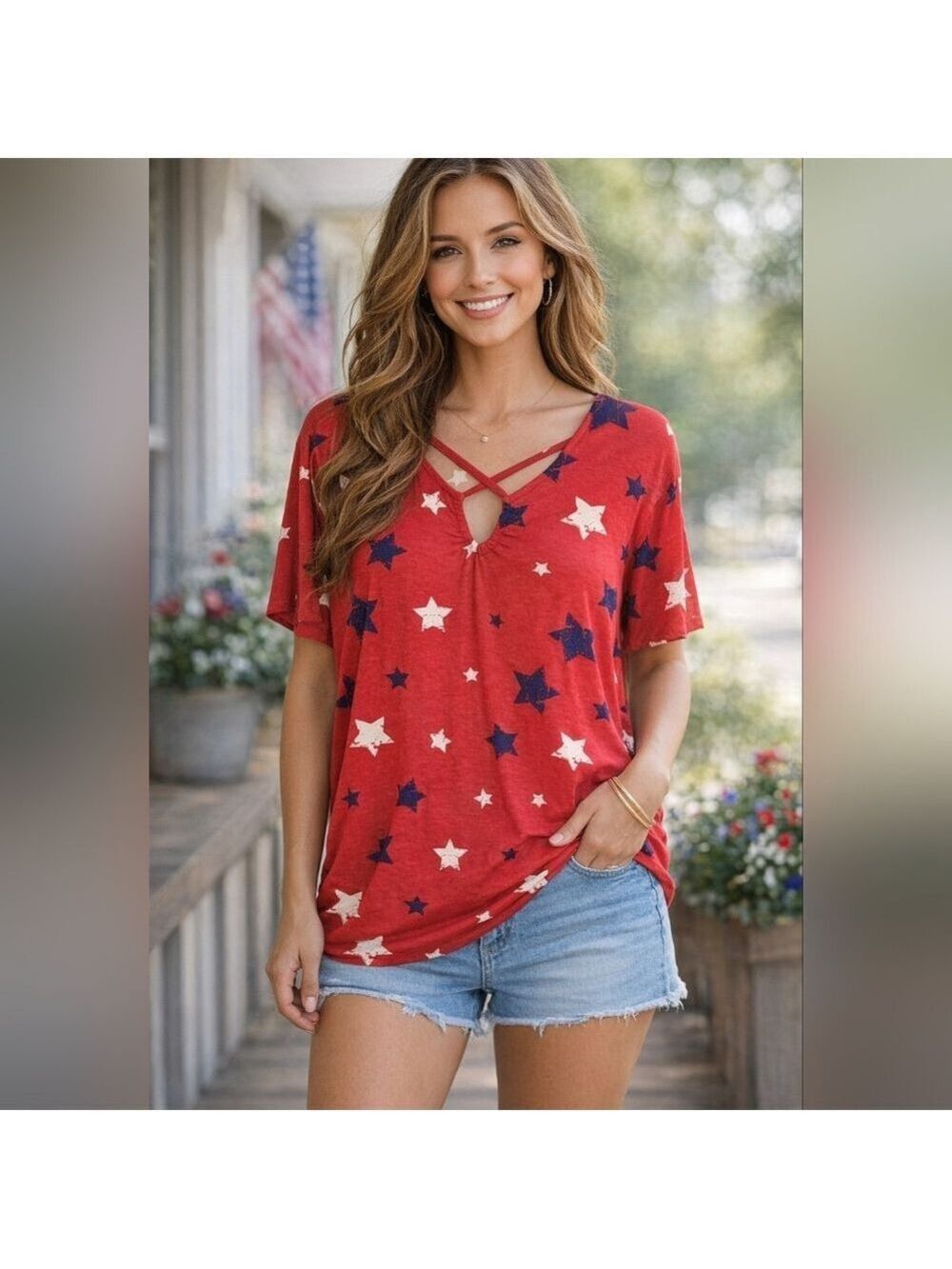 Patriotic Star Print Top Red White Blue Criss Cross Neck Casual Summer Tee